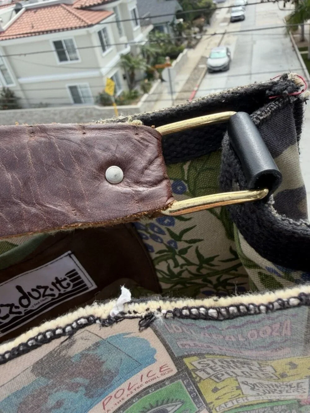 Vintage Handmade EzDuzit by Elliott pop-culture messenger leather camo vinyl bag
